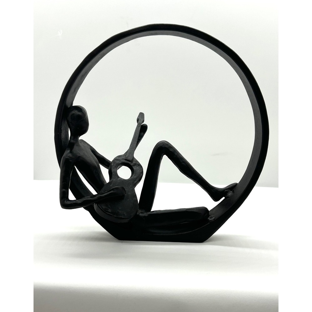 Minimalist Cast Iron Guitar Player Sculpture Abstract Circular Musician Art